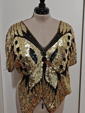 Gold Sequin Butterfly Short Sleeve Top